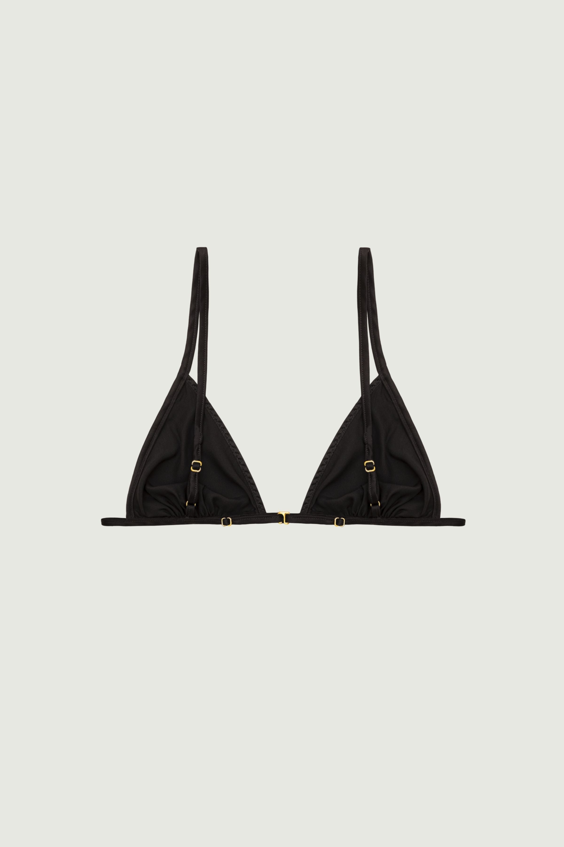 Black silk triangle bra back view with adjustable straps and gold hardware details, smooth band and refined construction for a precise fit