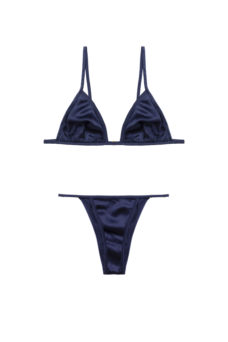 Keri navy blue silk triangle bra and Elle navy blue silk adjustable panty lingerie set by HERTH.