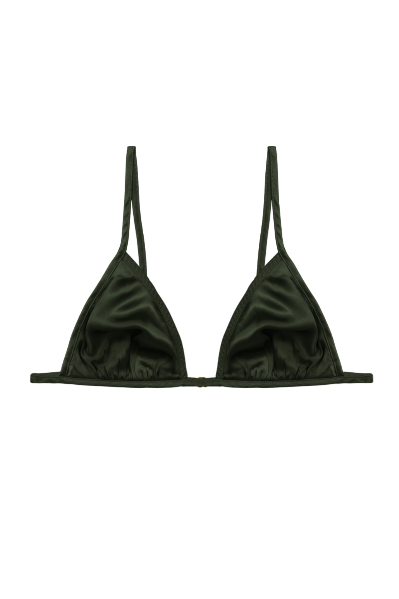 Keri minimal silk triangle bra in sustainable green silk by HERTH, front view.
