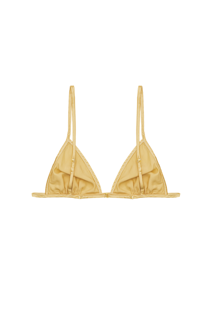 Back view of Keri triangle bra in Desert organic silk — minimal and sustainable lingerie piece by HERTH, showcased in still life photography.