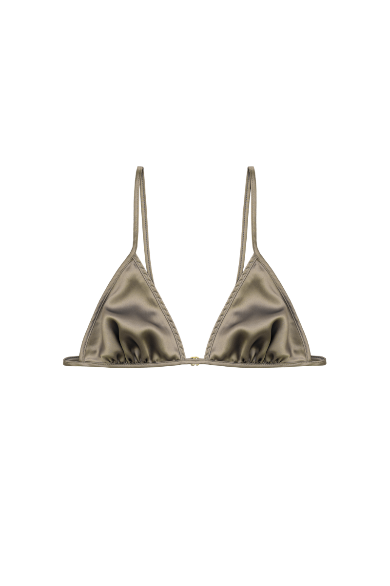 Front view of Keri triangle bra in Gold Sand organic silk — sustainable and elegant lingerie piece by HERTH.