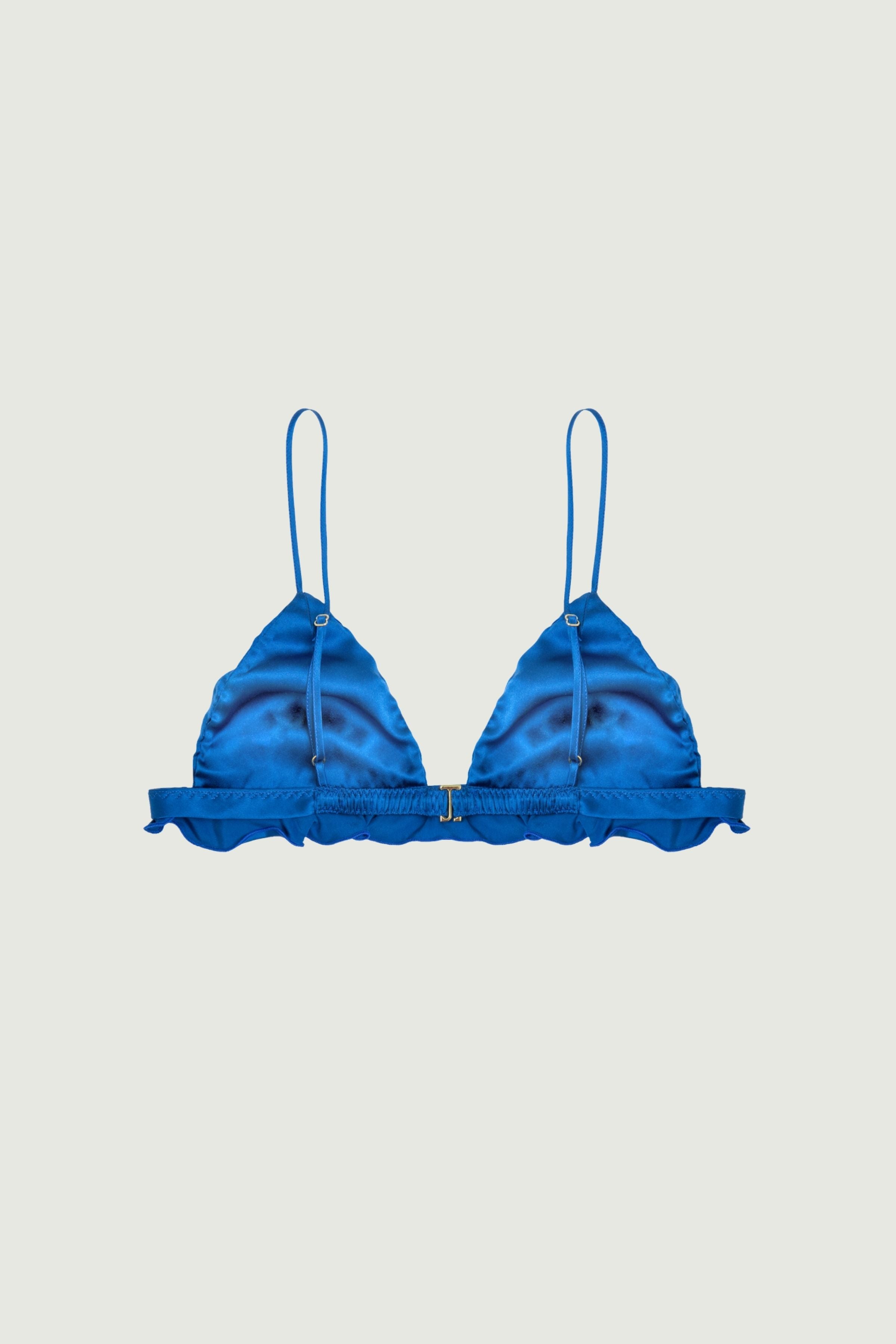 Azuline silk triangle bra back view with adjustable straps and soft flounced underband, smooth construction and delicate flowing finish