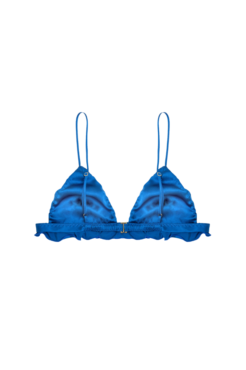 Back view of Kim triangle bra in white organic silk with flounced hemline — sustainable lingerie by HERTH