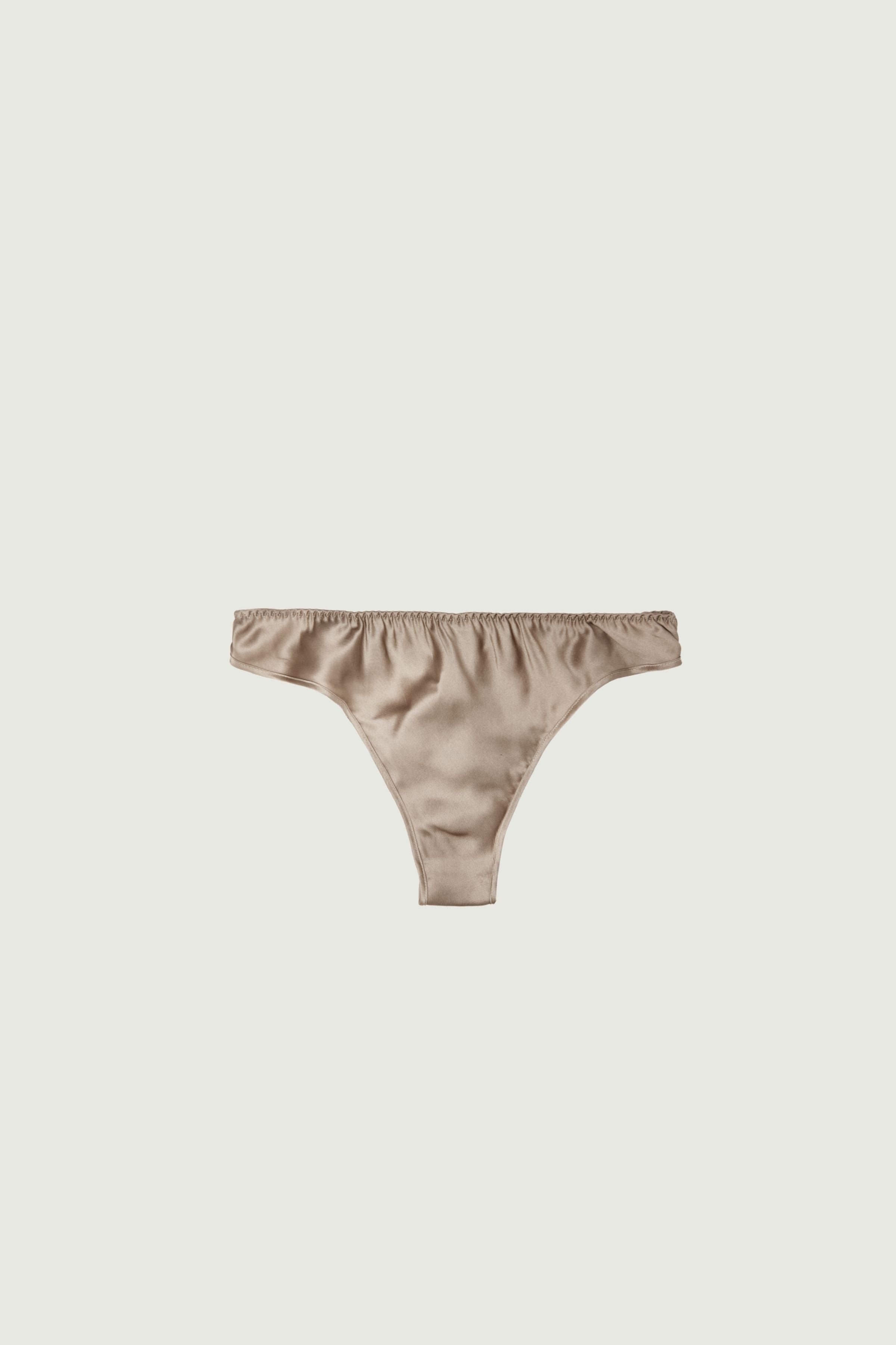 Gold sand silk mid-rise panty, front view showing smooth fit and natural waistline
