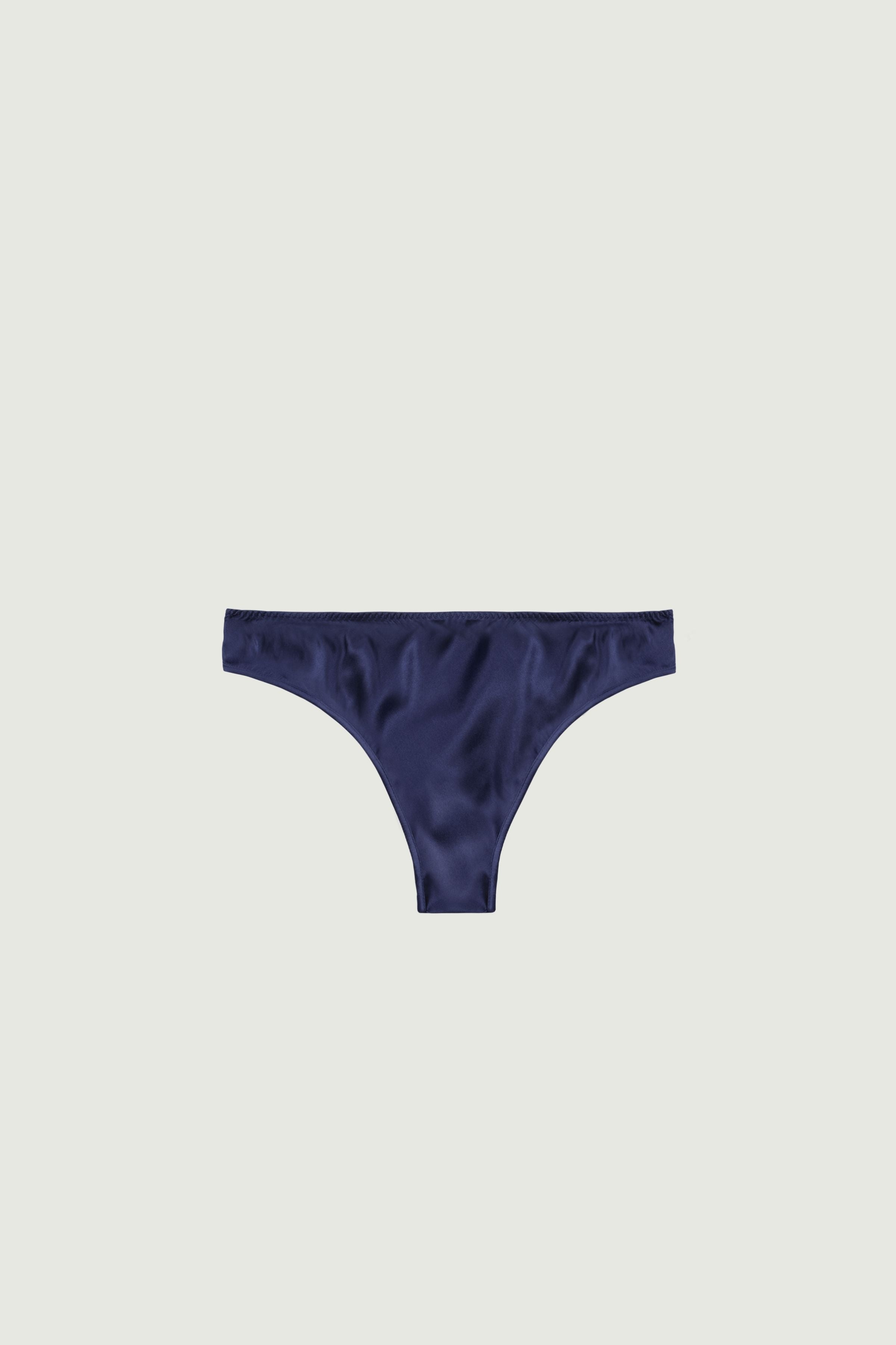 Navy blue silk mid-rise panty, front view showing deep color and clean shape