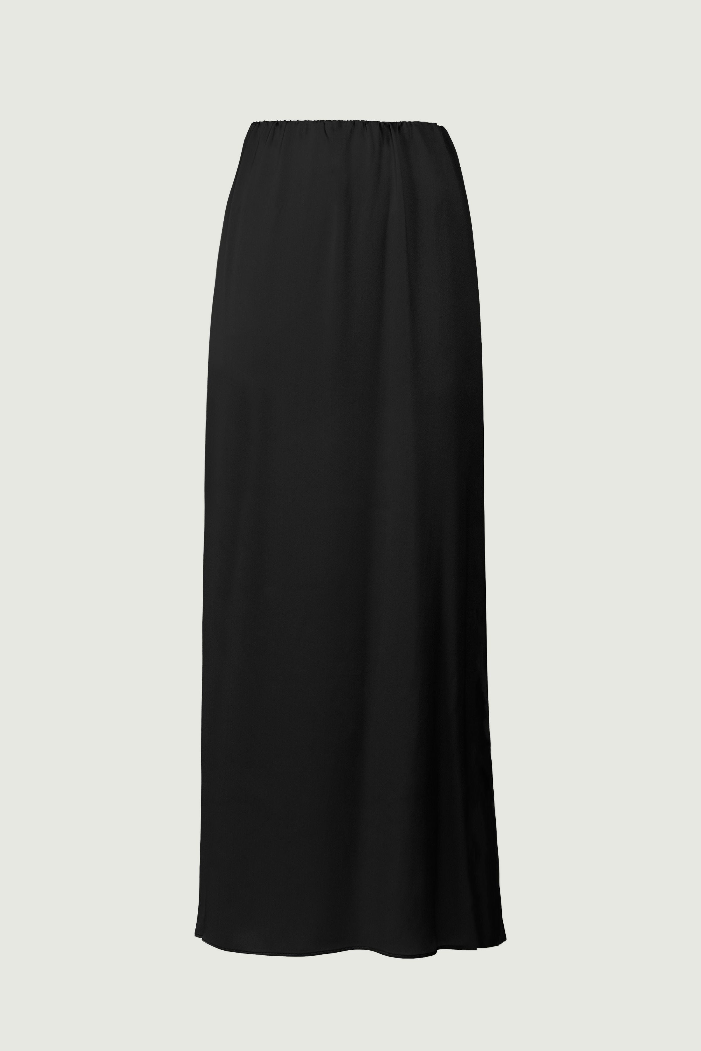 Black silk maxi skirt with fluid drape and elongated silhouette, front view highlighting clean lines and lightweight movement