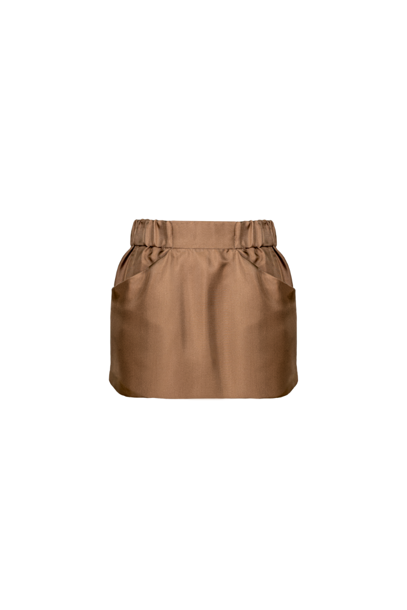 Nina mini skirt in organic silk twill camel – sustainable luxury womenswear by HERTH