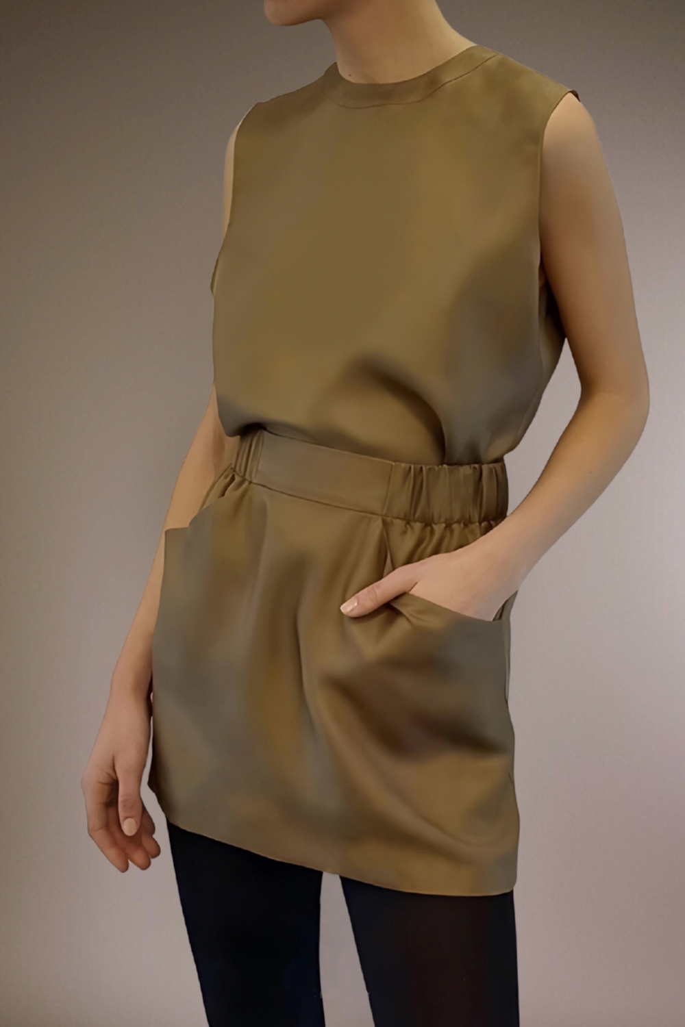 Cala sleeveless top and Nina mini skirt in camel silk twill – conscious modern womenswear by HERTH
