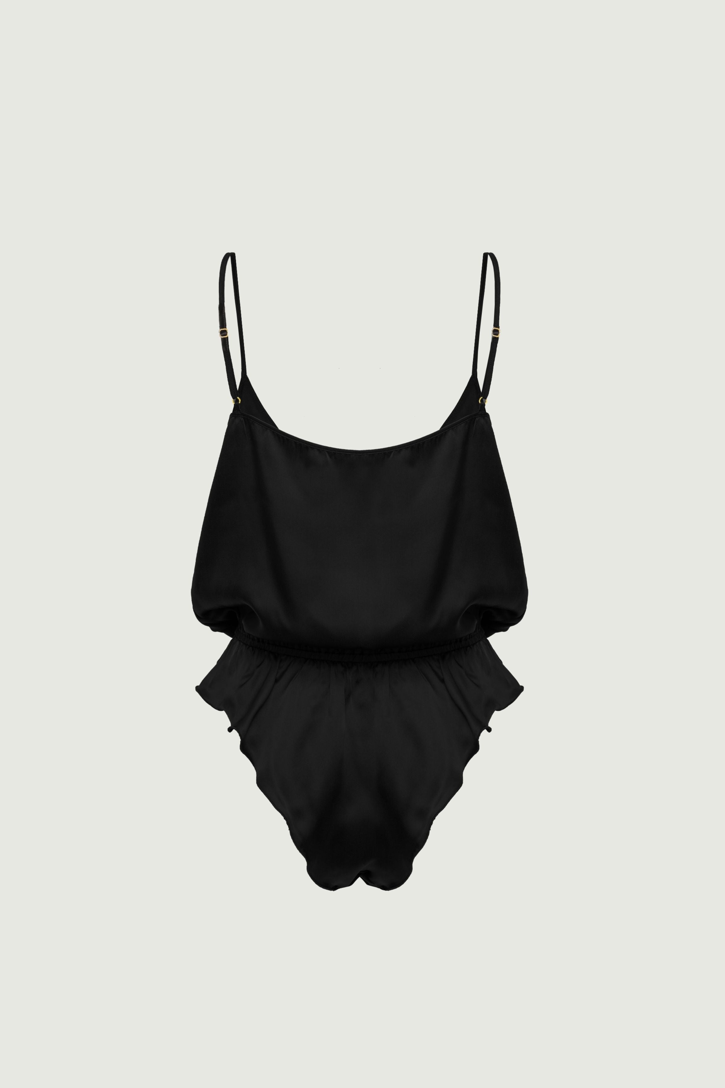 Nyx bodysuit in black organic silk back view with thin straps and gently draped finish, lightweight womenswear made in Italy