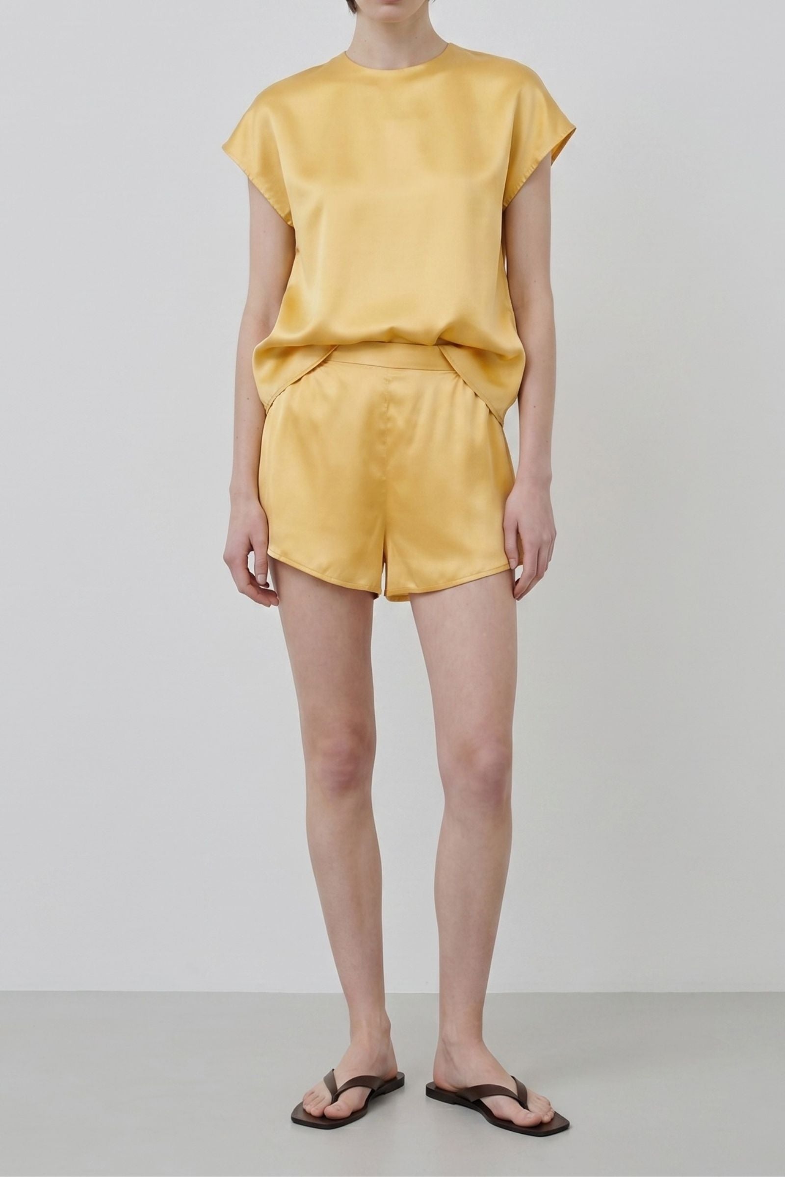 Organic silk outfit with desert tone short sleeve top and matching shorts, made in Italy