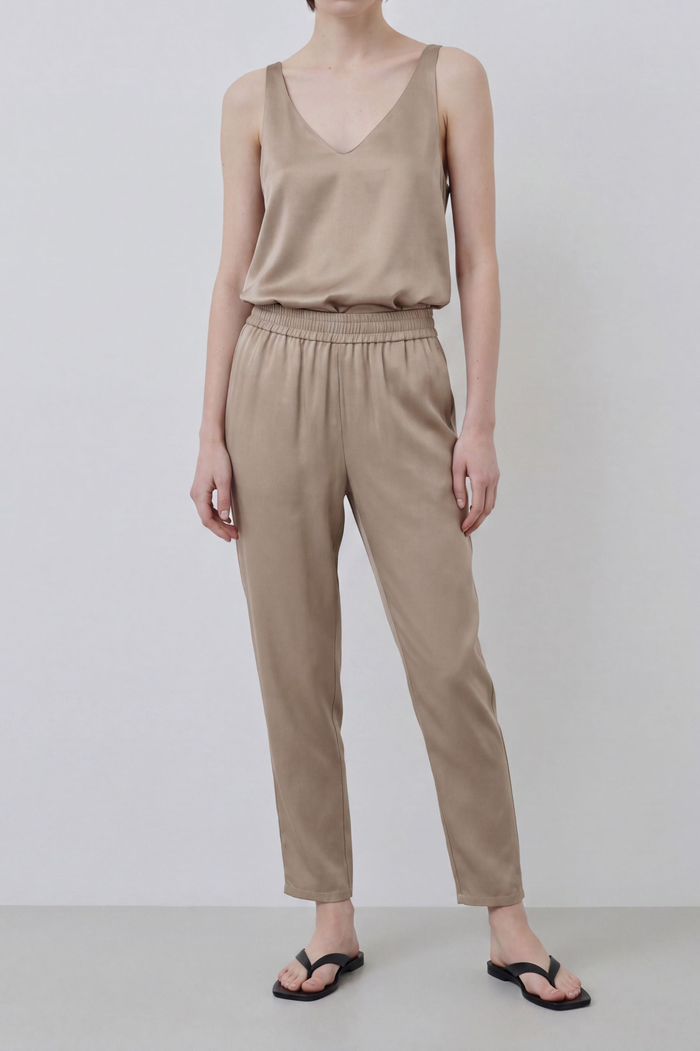 Organic silk Else tank and Roy trousers in gold sand, full look worn with relaxed fit and fluid silhouette
