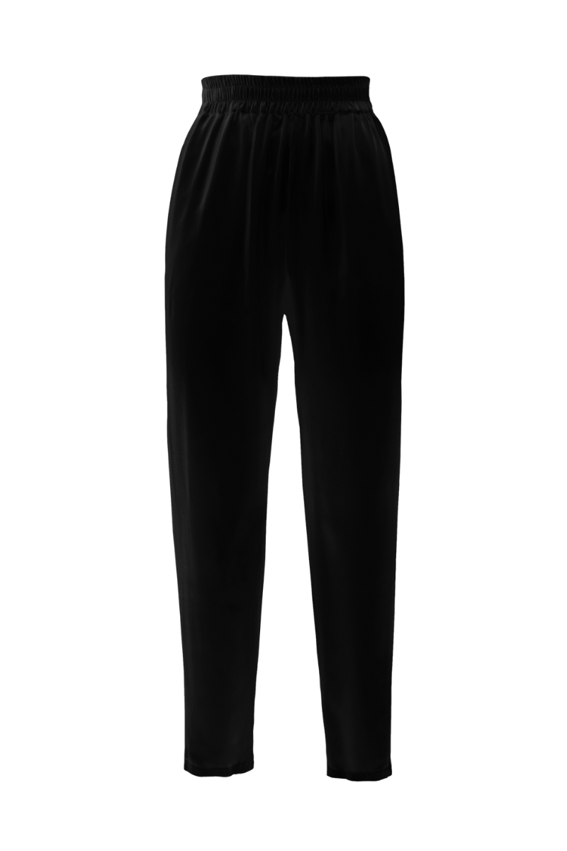 Roy trousers in black organic silk — tailored wide-leg silhouette crafted in GOTS-certified silk by HERTH for timeless minimal elegant womenswear.