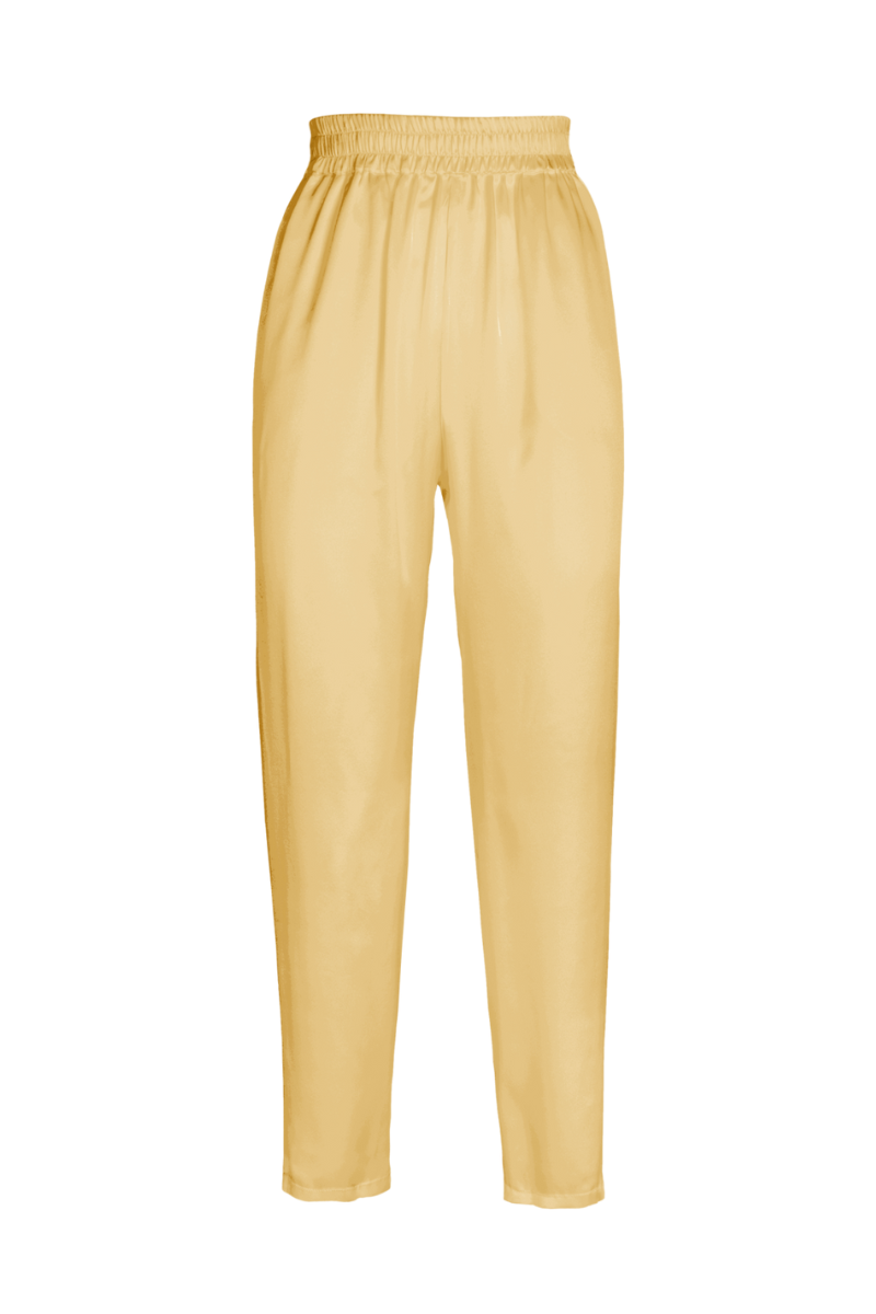 Minimal silk trousers in Desert — sustainable GOTS-certified organic silk pants by HERTH, designed for everyday elegance in womenswear.
