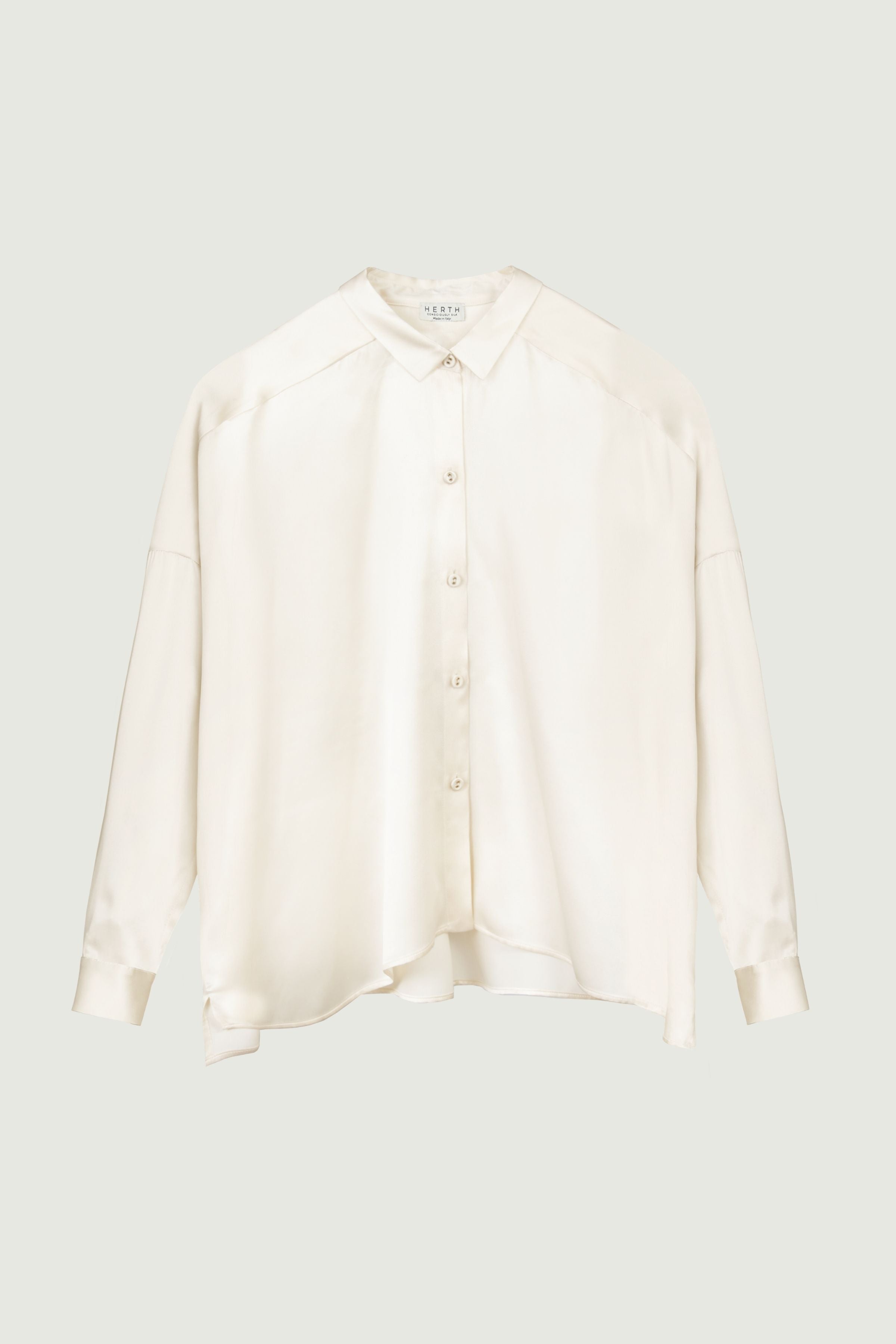 Almond silk shirt with soft drape, button front and relaxed silhouette, fluid lightweight fabric, front view