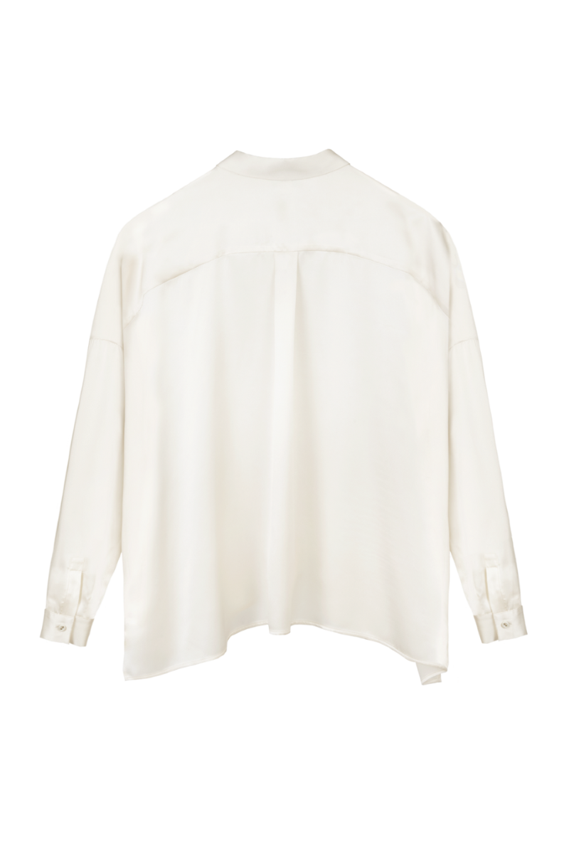 Back view of Tara relaxed fit shirt in almond gots organic silk. Luxury conscious womenswear by HERTH