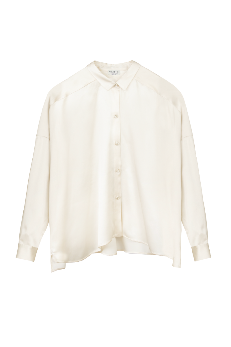 Tara long-sleeve shirt in almond organic silk – elegant womenswear blouse by HERTH.