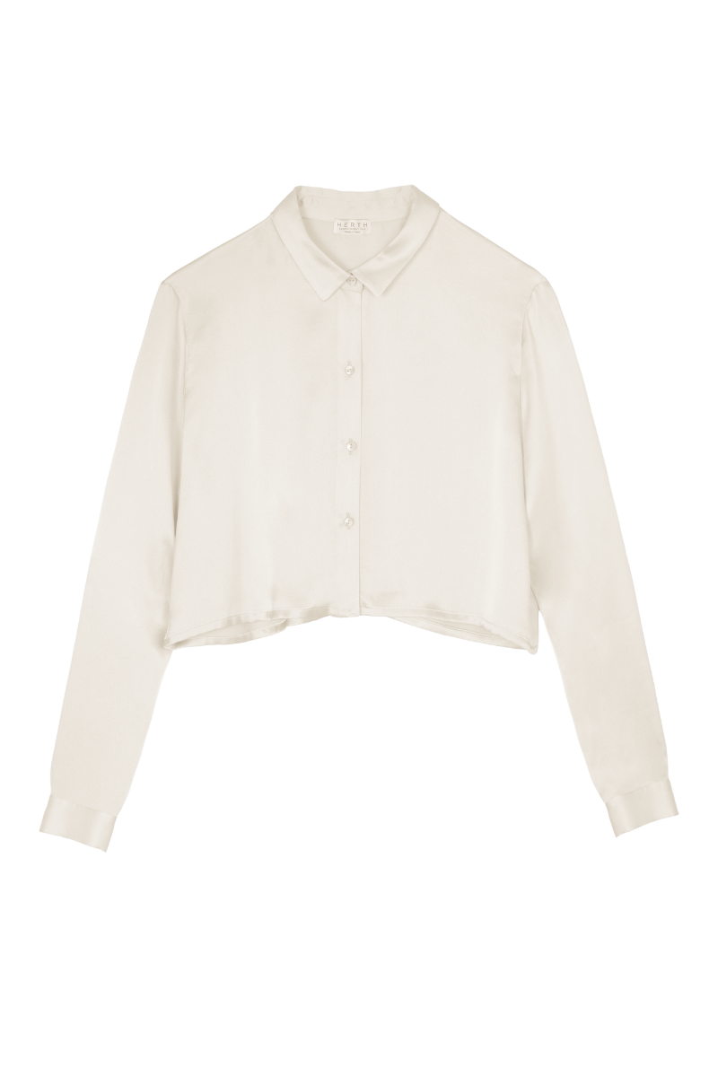Tea cropped silk shirt in almond — sustainable womenswear crafted from organic silk by HERTH, minimalist and elegant design.