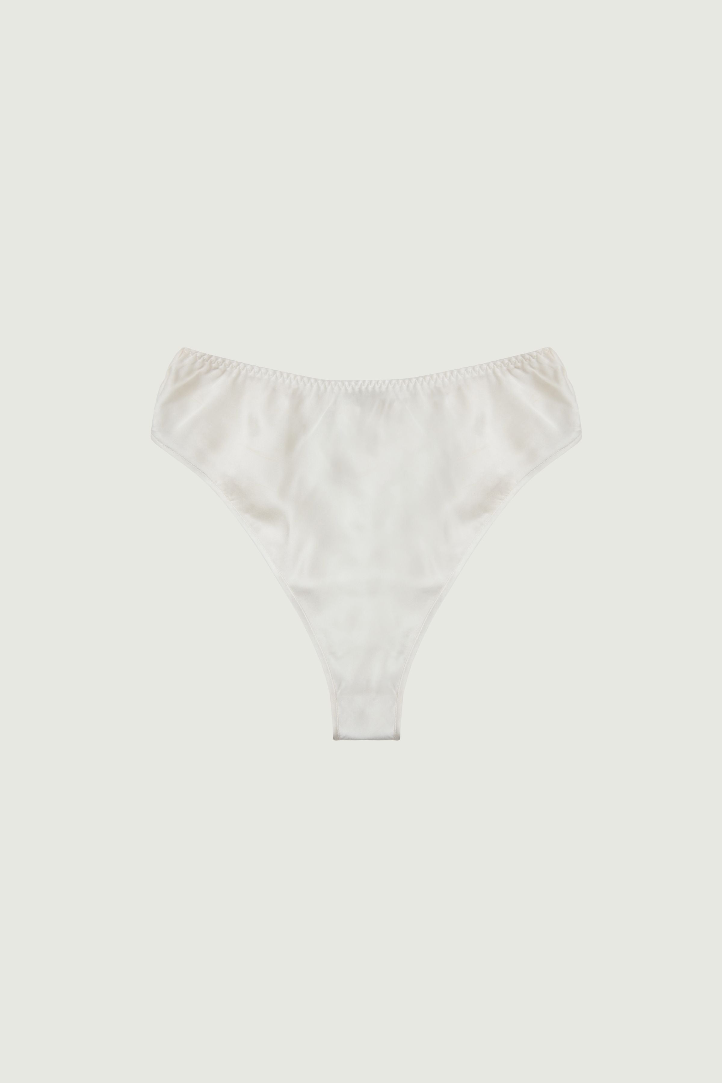 Ivory silk high-rise panty with full coverage, front view highlighting soft light tone and clean minimal silhouette