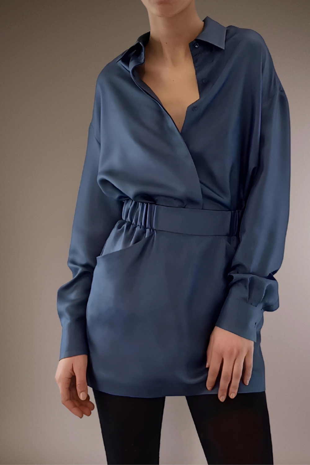 Tilde shirt and Nina mini skirt in blue denim silk twill – refined modern tailoring womenswear by HERTH