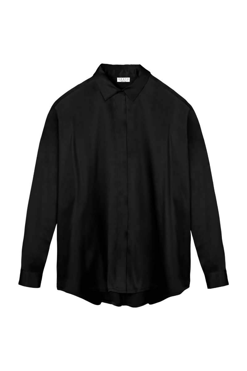 Tilde elegant black silk shirt — sustainable and sophisticated womenswear blouse crafted from GOTS-certified organic silk by HERTH.