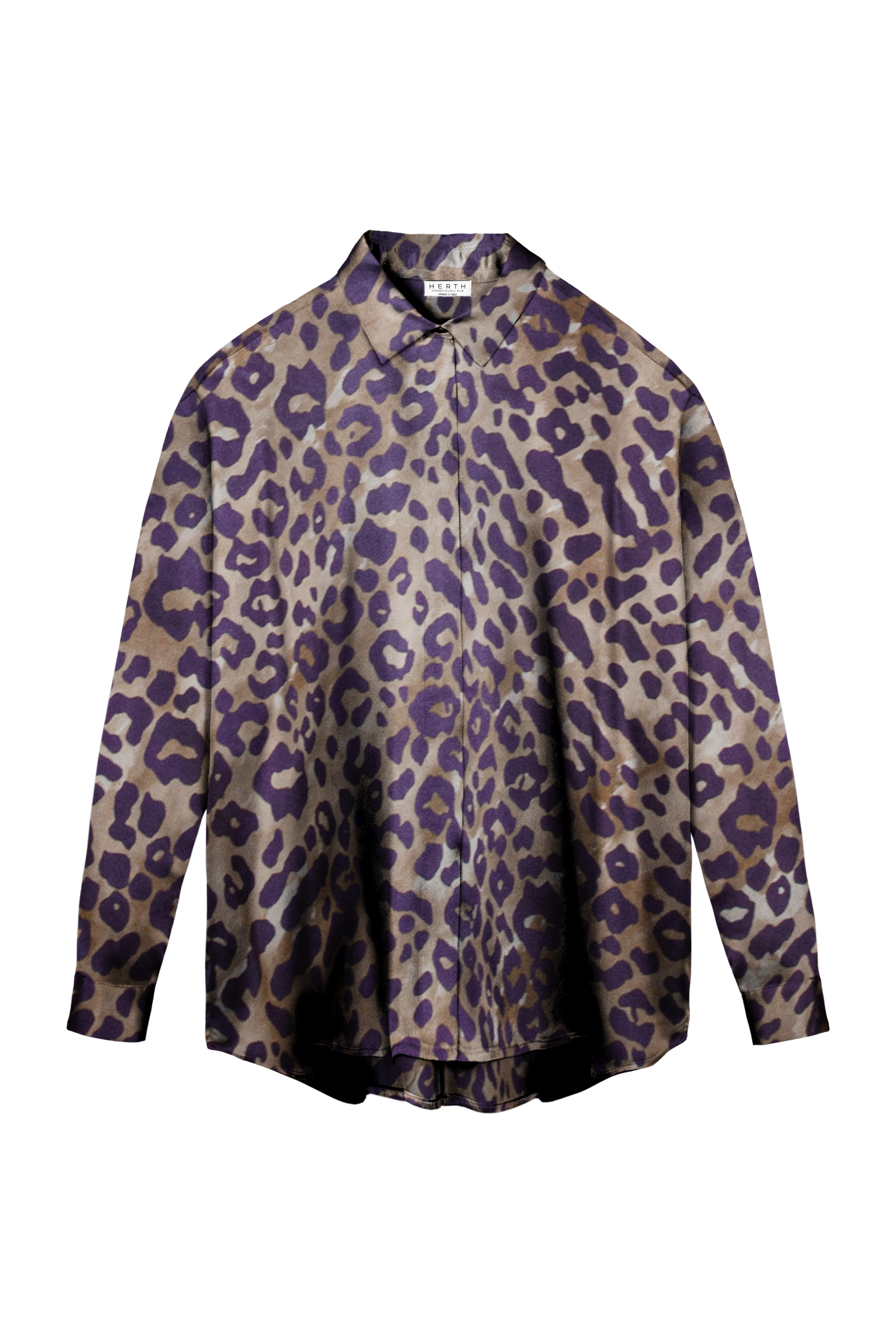 Tilde shirt in leopard print organic silk — bold and sustainable silk blouse crafted in Italy - conscious womenswear by HERTH