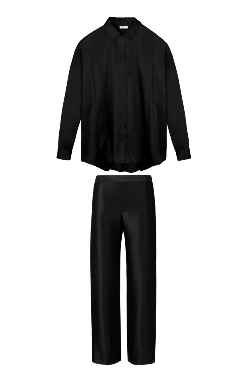 Black silk shirt and trousers set for women – Tilde shirt and Zeno pants. Luxury sustainable womenswear by HERTH.