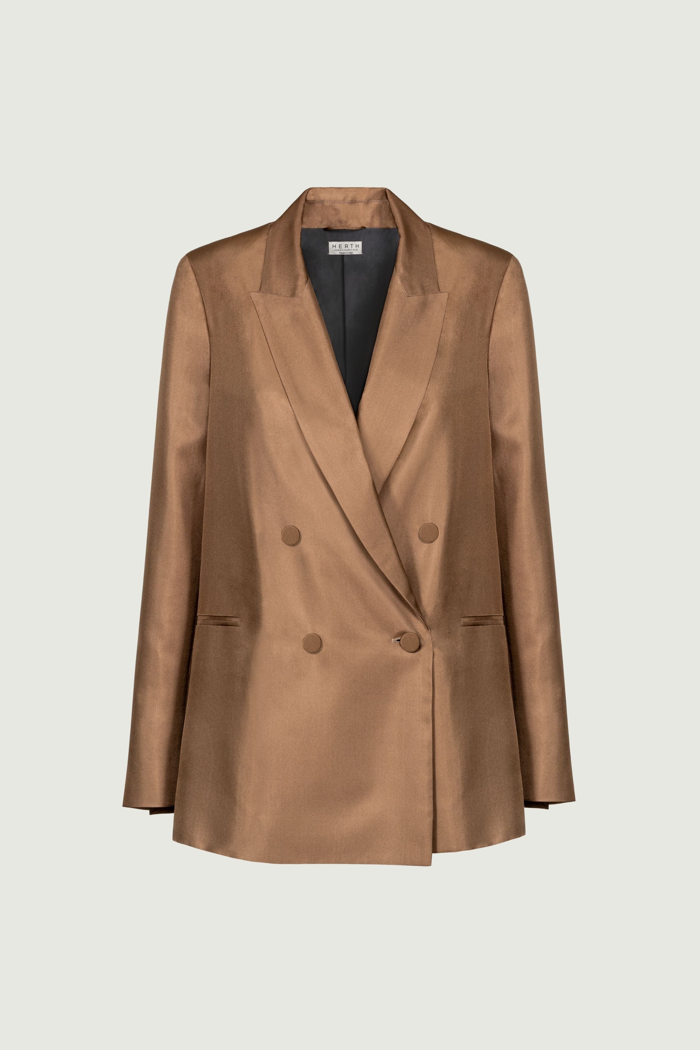 Camel silk twill double-breasted blazer with structured fit and defined shoulders, textured fabric and tailored construction, front view