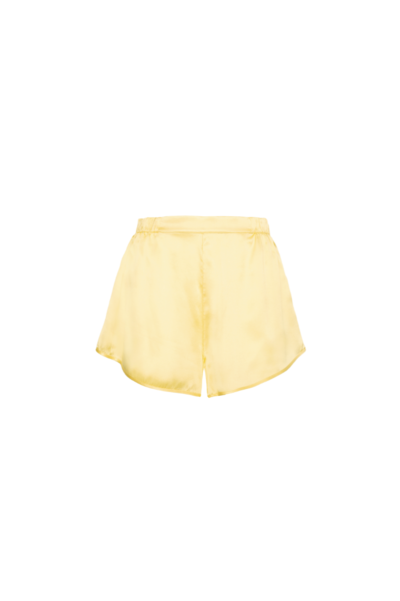 YARI silk shorts in butter yellow – sustainable organic womenswear by HERTH, GOTS certified.