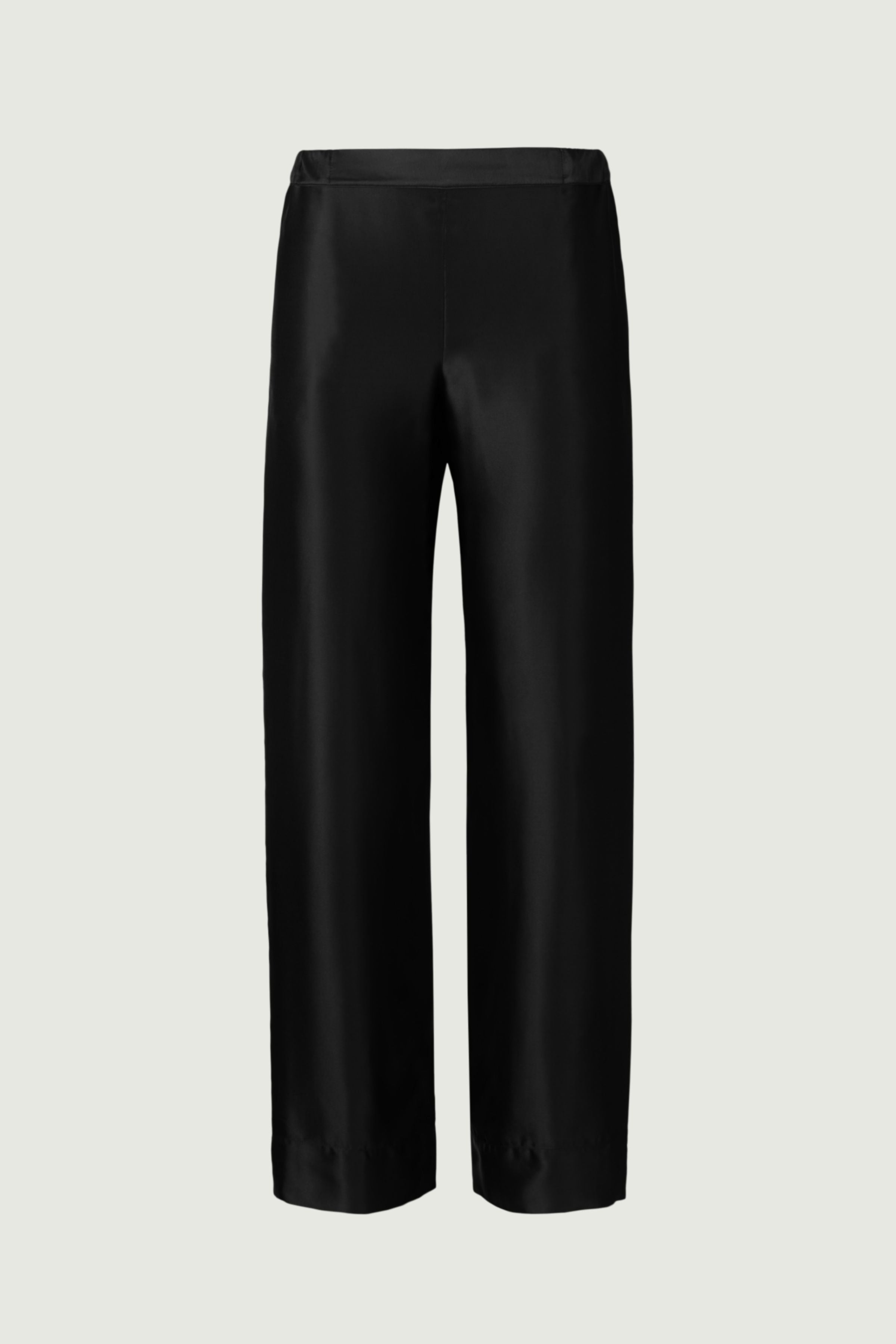 Black organic silk wide-leg trousers with fluid drape and clean waistband, relaxed minimalist design, front view, made in Italy