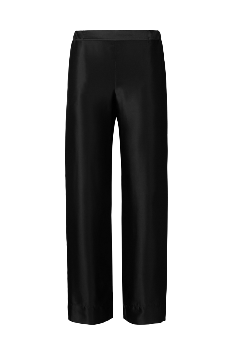 Front view of Zeno black organic silk tailored trousers — ethical womenswear by HERTH, made in Italy.