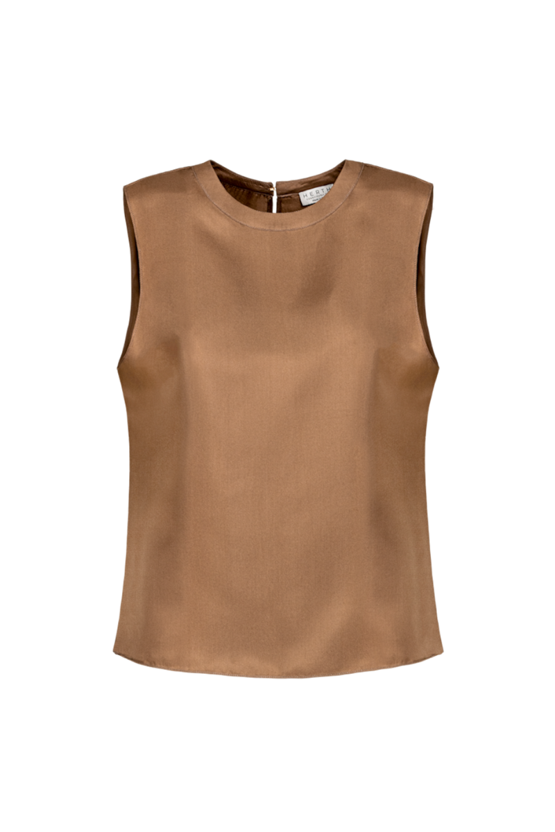 CALA: ORGANIC SILK TWILL TANK TOP IN CAMEL | SAMPLE