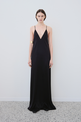 INEZ: V-NECK FRONT-BACK SLIP MAXI DRESS IN ORGANIC BLACK SILK