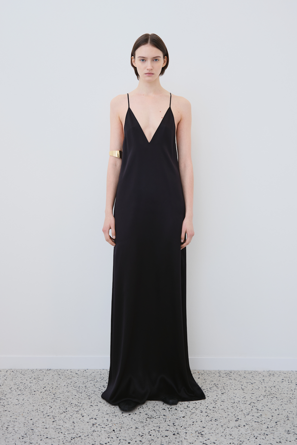 INEZ: V-NECK FRONT-BACK SLIP MAXI DRESS IN ORGANIC BLACK SILK