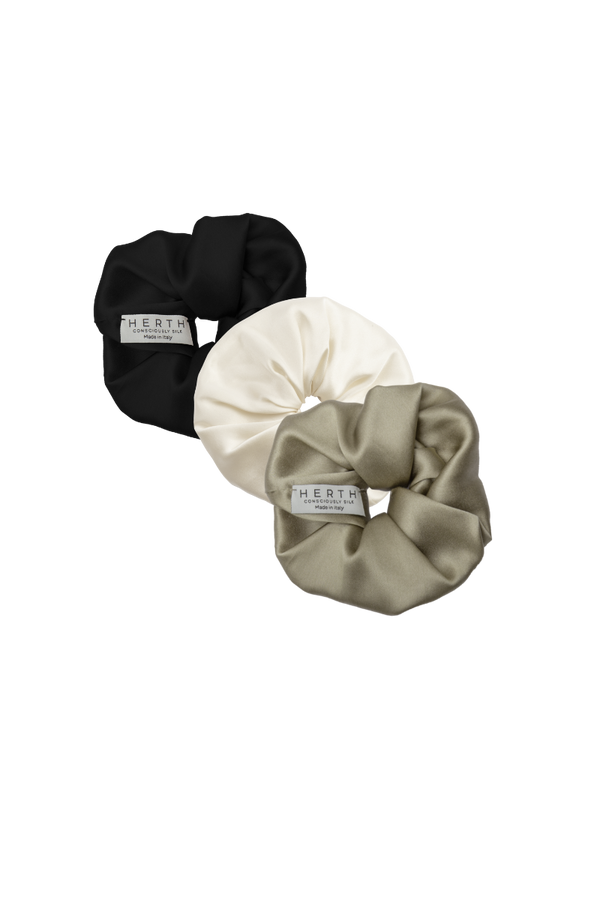 EDI: BLACK, GOLD SAND AND ALMOND ORGANIC SILK SCRUNCHIES SET