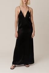 INEZ: V-NECK FRONT-BACK SLIP MAXI DRESS IN GOTS ORGANIC BLACK SILK