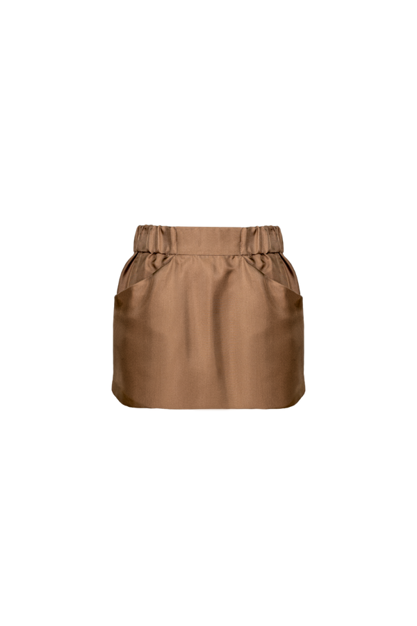 NINA: MINI SKIRT IN ORGANIC SILK TWILL COLOR CAMEL | SAMPLE