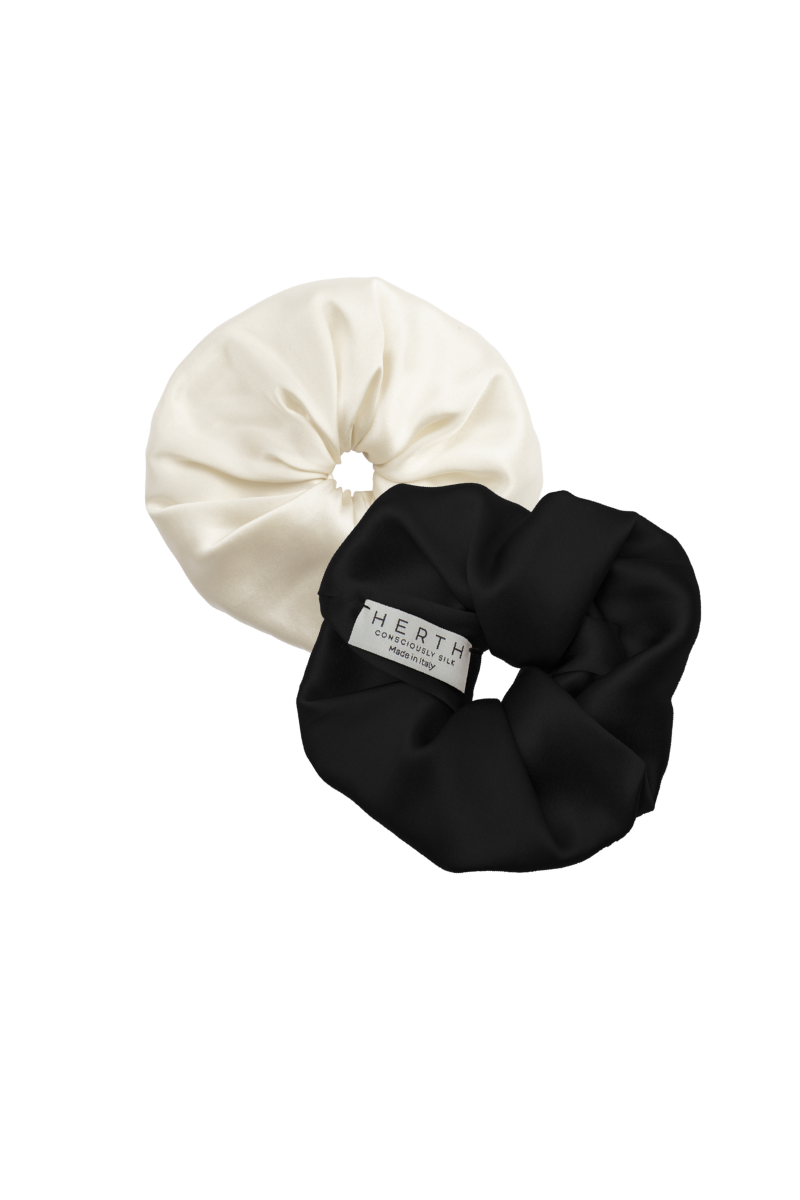 EDI: BLACK AND ALMOND ORGANIC SILK SCRUNCHIES SET