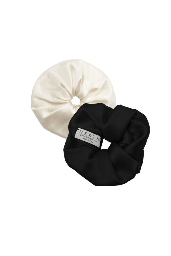 EDI: BLACK AND ALMOND ORGANIC SILK SCRUNCHIES SET