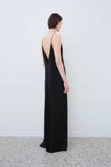 INEZ: V-NECK FRONT-BACK SLIP MAXI DRESS IN ORGANIC BLACK SILK