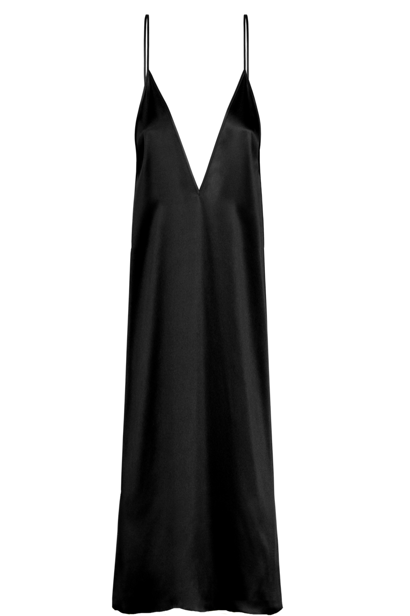 INEZ: V-NECK FRONT-BACK SLIP MAXI DRESS IN GOTS ORGANIC BLACK SILK
