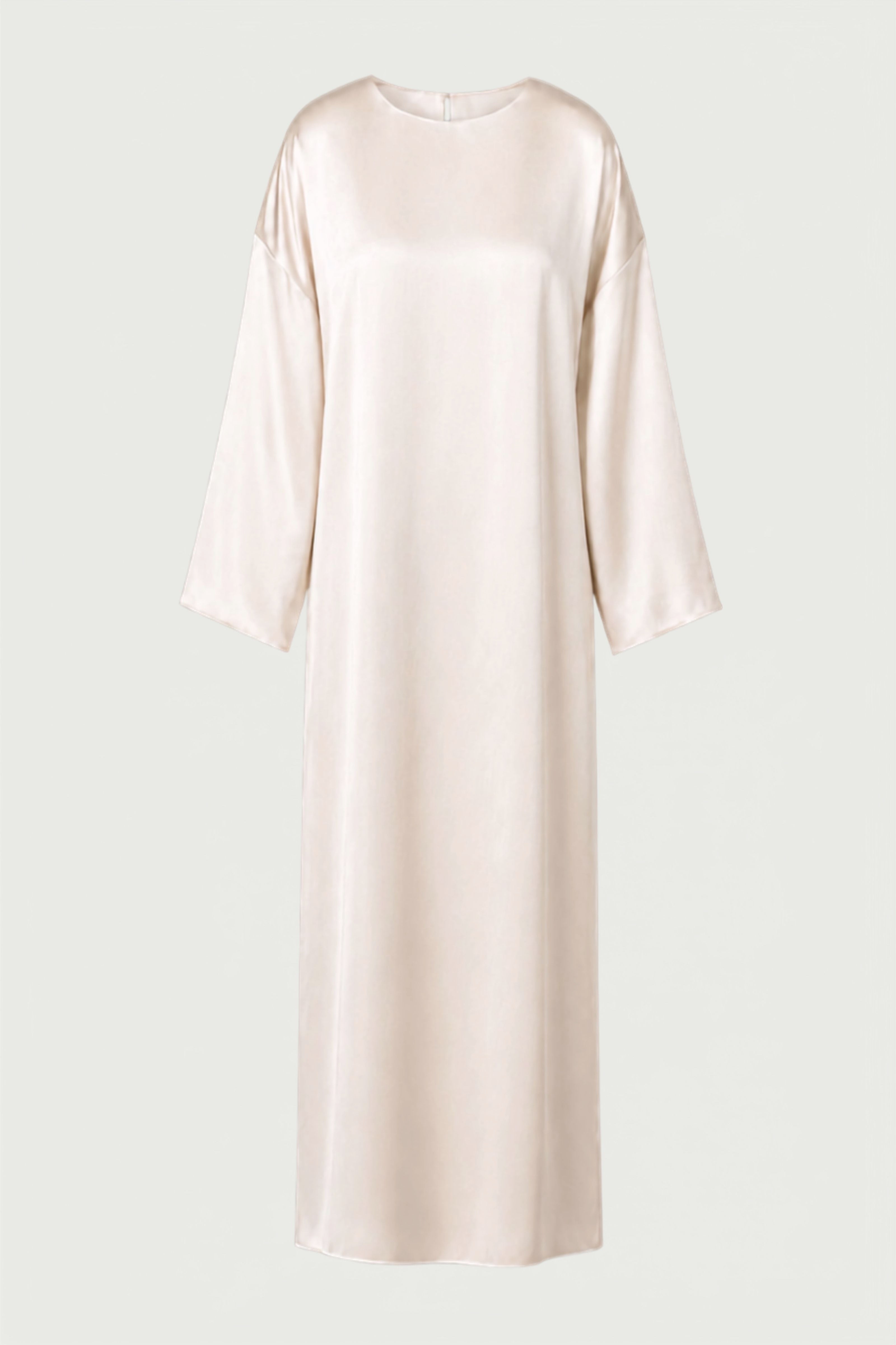 HERTH Alma organic silk maxi dress in Almond, front still life view with long wide sleeves.