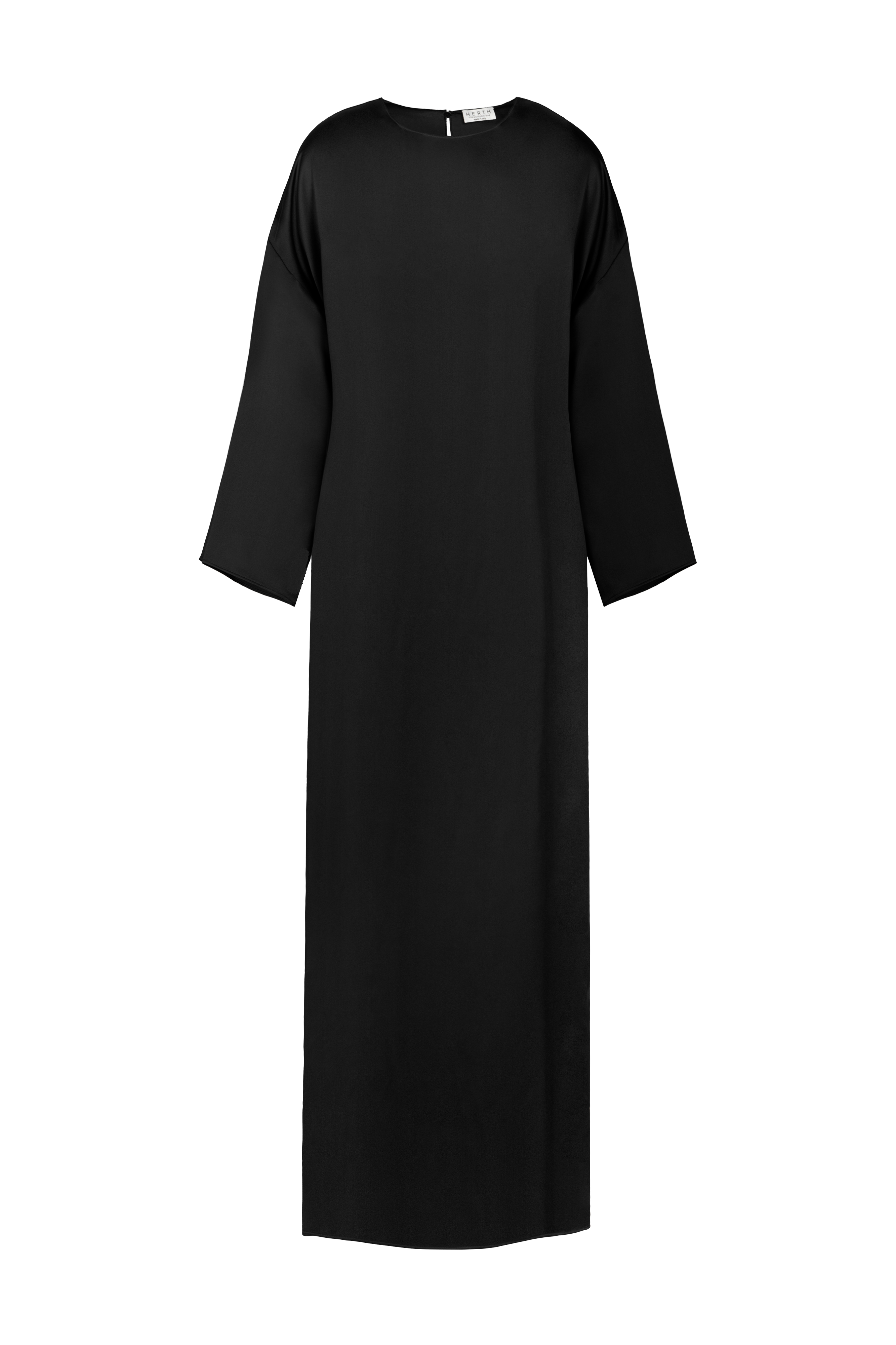 Alma silk dress in organic silk, front view — long sleeves and round neckline, crafted in Italy by HERTH.