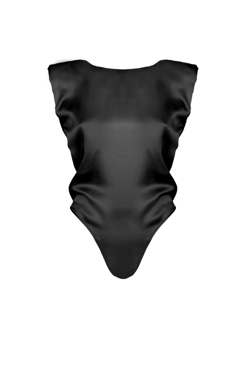 Front view of Amy bodysuit in black organic silk — padded shoulders and timeless, sculpted elegance. Sustainable womenswear by HERTH