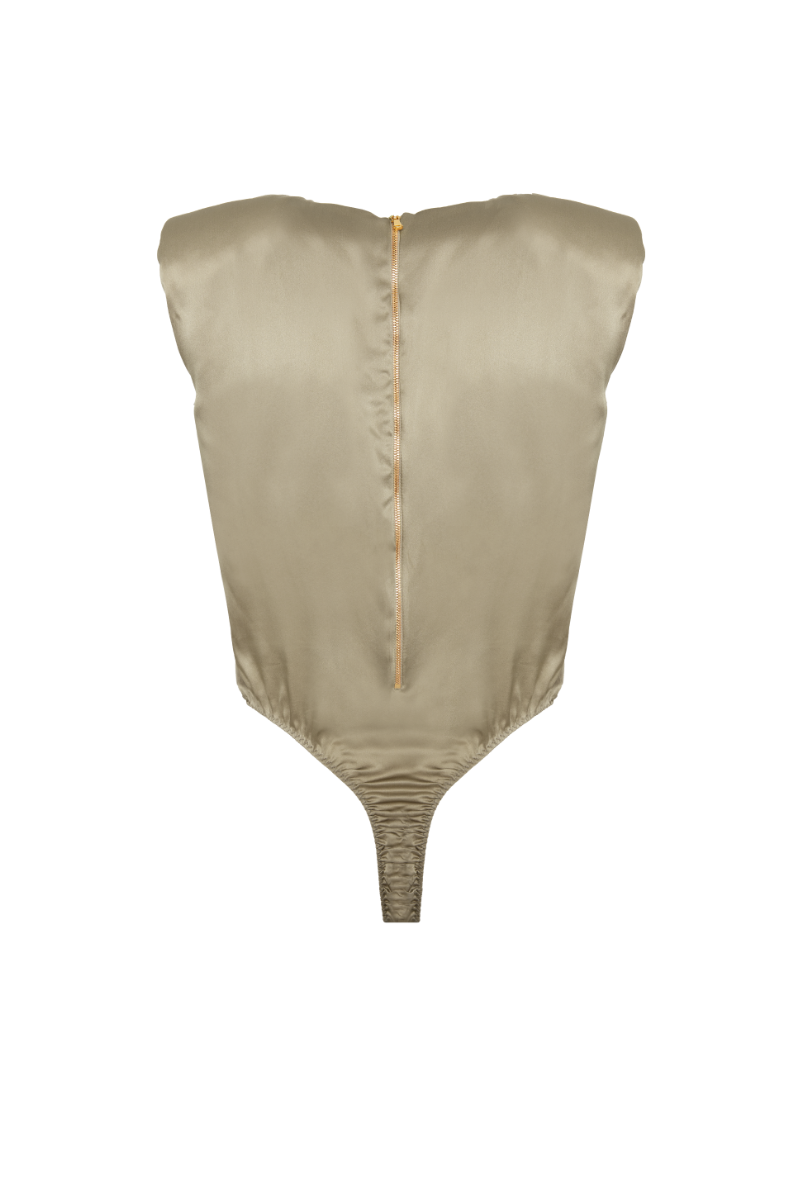 Back view of Amy bodysuit in Gold Sand — sleek gold zip detail and elegant finish in organic silk. Ethical womenswear by HERTH.