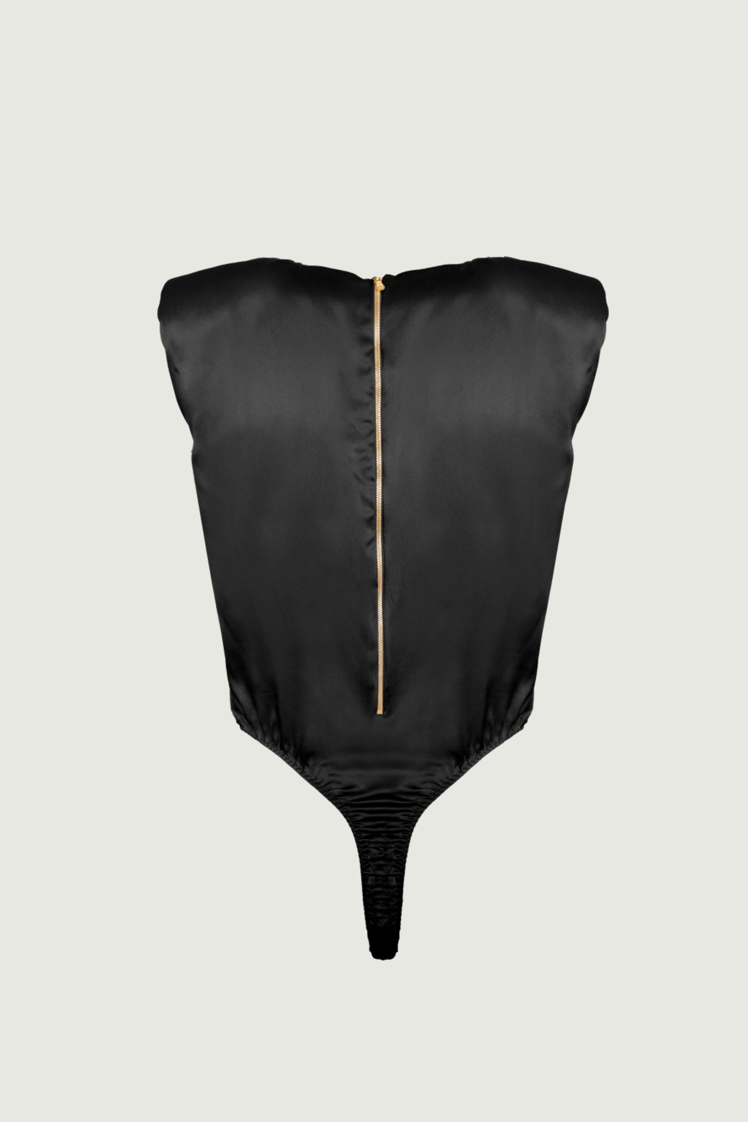 Amy bodysuit in black organic silk back view with central zipper and fitted silhouette, minimalist womenswear made in Italy
