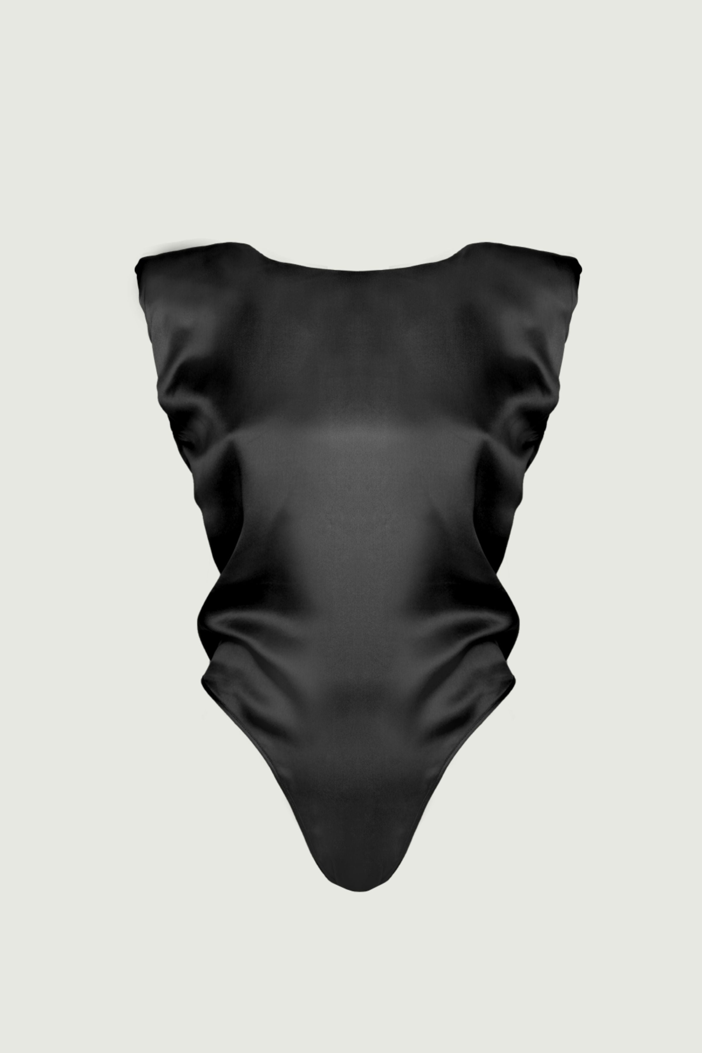 Amy bodysuit in black organic silk with padded shoulders and structured sculpted silhouette, minimalist womenswear made in Italy