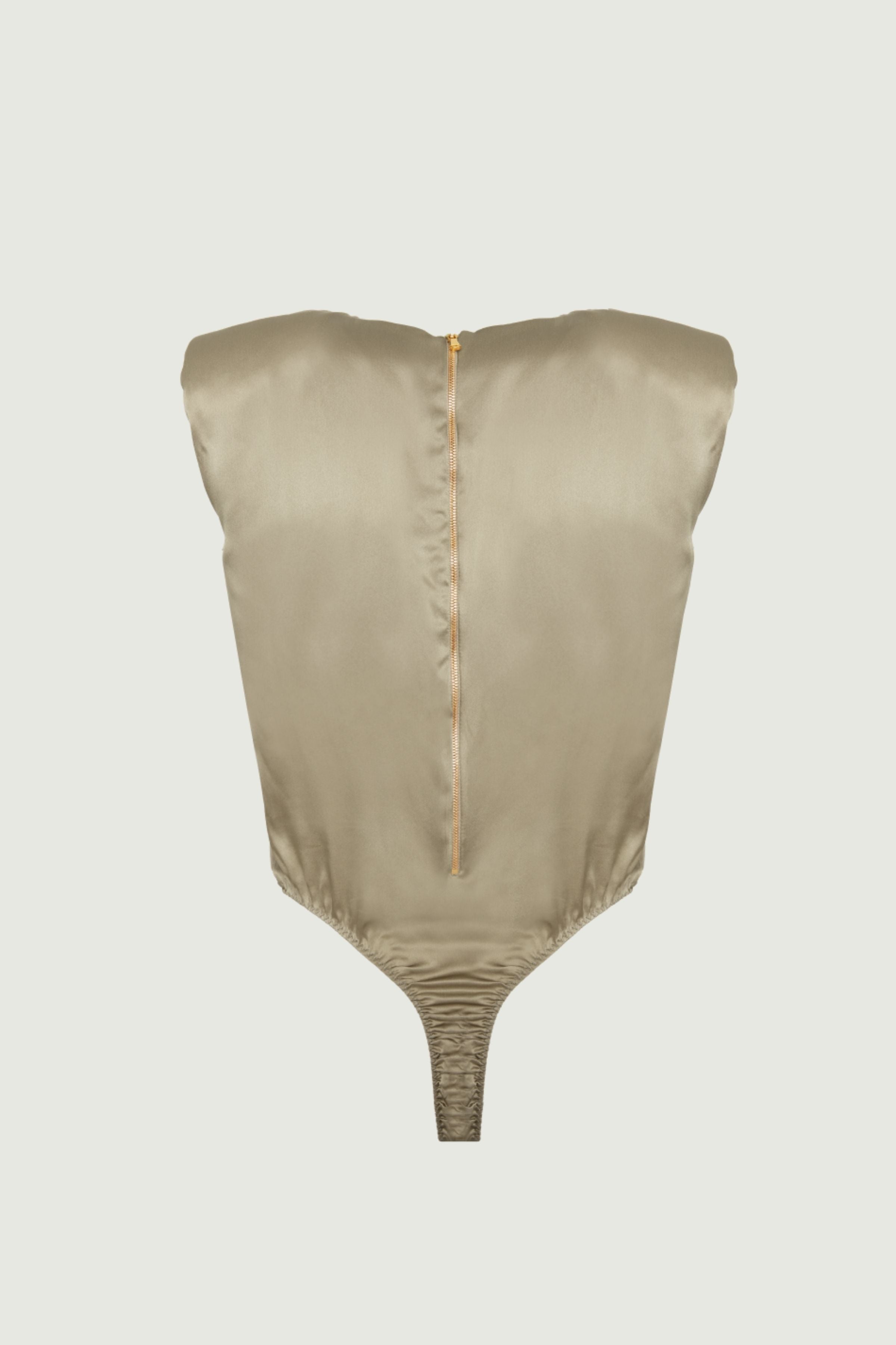 Amy bodysuit in gold sand organic silk back view with central zipper and clean structured fit, minimalist womenswear made in Italy