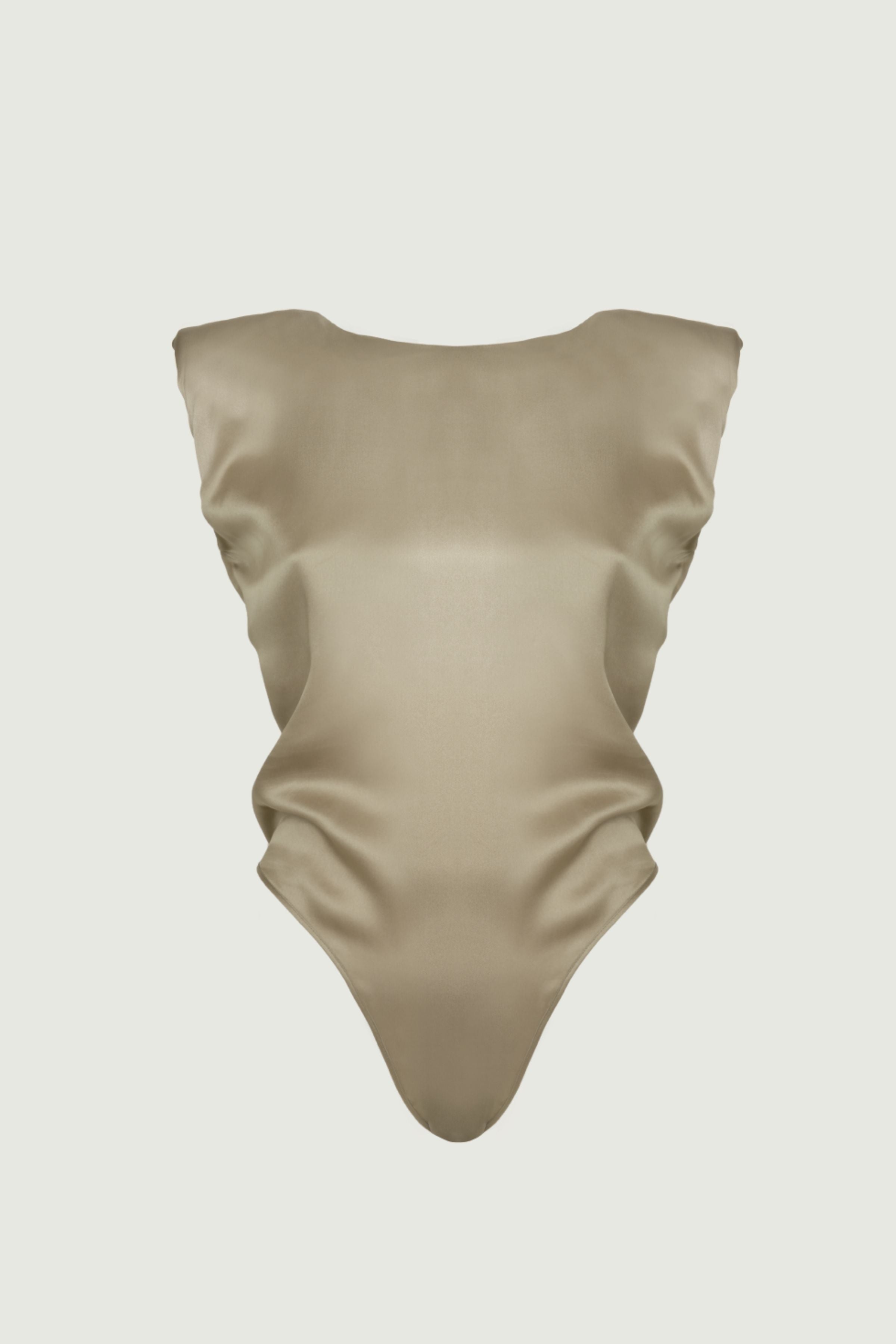 Amy bodysuit in gold sand organic silk with padded shoulders and luminous sculpted silhouette, minimalist womenswear made in Italy