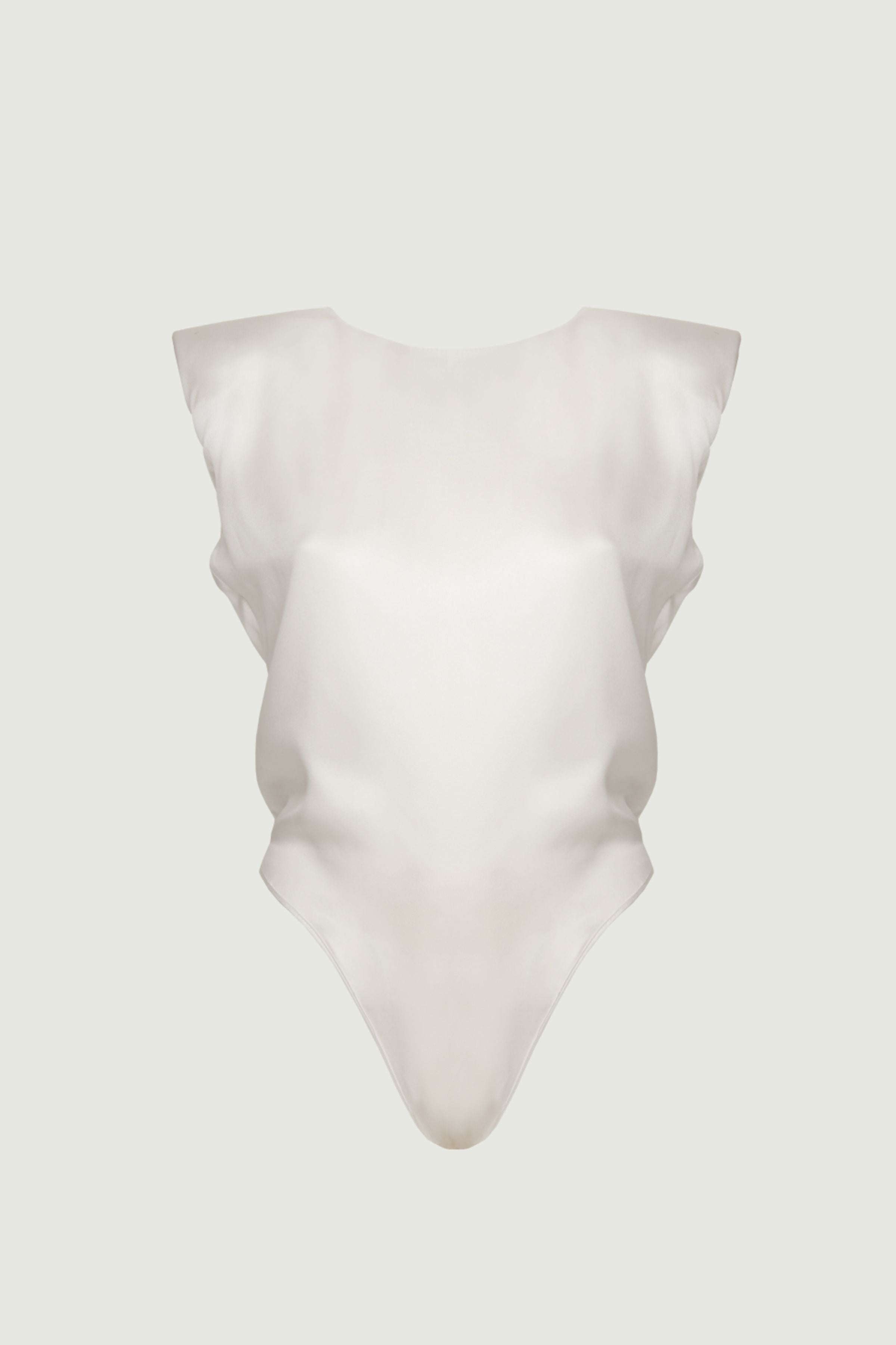 Amy bodysuit in ivory organic silk with padded shoulders and soft sculpted silhouette, minimalist womenswear made in Italy