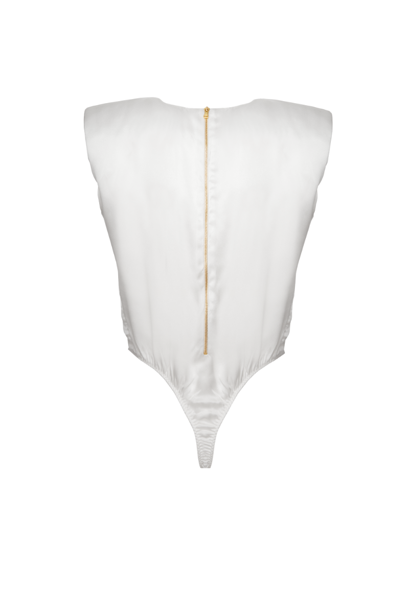 Back view of Amy bodysuit in ivory GOTS-certified organic silk with gold zip detail — conscious womenswear by HERTH.